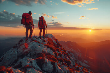 Hikers helping each other to climb stone at sunset in mountains. Climbing on high rock in evening nature. Tourism, traveling and healthy lifestyle concept - obrazy, fototapety, plakaty