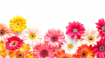 A beautiful set of multicolored gerbera flowers on a white background. Design for a postcard.