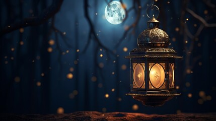 Ramadan glow: celestial crescent and illuminated lantern against starry night sky  