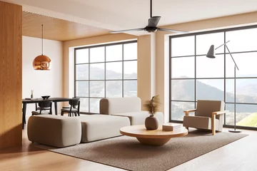 Fotobehang Modern home living room interior with eating table and couch, panoramic window © ImageFlow