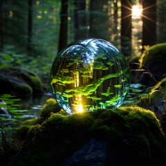 Glowing orb in the depths of the forest water bubble globe