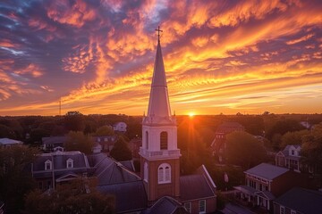 Church Steeple at Sunset: Aerial View of Historic Building in Beaufort, South Carolina for Faith, Christianity and God - obrazy, fototapety, plakaty