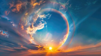 Circular Rainbow Cloud with Amazing Sunset. Beautiful Atmosphere with Bright Colors in Circular Motion - obrazy, fototapety, plakaty