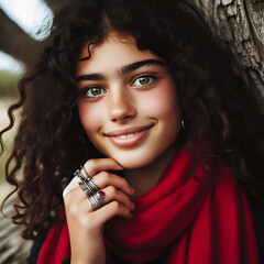 portrait of a native, narural, wild gypsy girl in red dress and traditional jewelry - obrazy, fototapety, plakaty