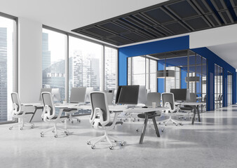 Blue and white open space office corner