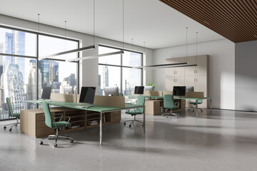 Naklejka na ściany i meble Modern business interior with pc monitors on desk, shelf near panoramic window