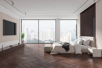 Fototapeta premium White and brown master bedroom interior with TV