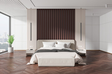 White and brown master bedroom interior