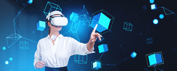 Businesswoman in vr glasses finger touch data blocks in cyberspace