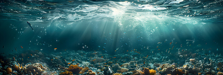 Marine and Ocean Pollution with Microplastic,
Ocean floor with rocks amazing underwater world seascape
