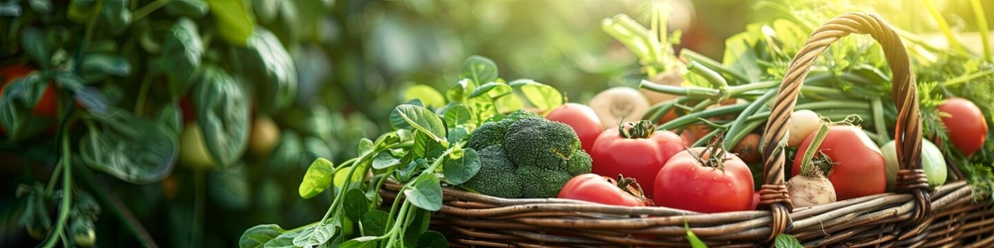 Local production of organic vegetables with a basket of various products. advertising banner. generative ai