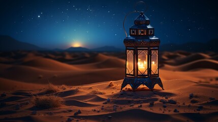 Full moon ramadan celebration: traditional lantern lighting in the desert night

