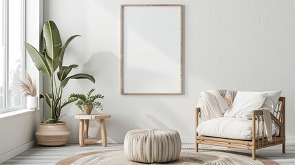 Transform Your Space: Elevate your home with this sleek ISO A paper size frame mockup. Perfect for modern living rooms, this 3D render adds a touch of sophistication!