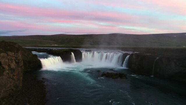 4K Aerial movie Sunset Scene of Godafoss Waterfall in Summer of Iceland.