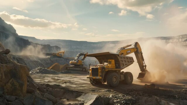 A large excavator loads the rock formations into the back of a large truck. open pit coal mining