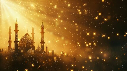 Dazzling ramadan kareem: stunning mosque silhouette aglow with gold glitter and brilliant stars

