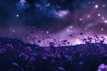 Abstract background with purple flowers and starry night sky. 8k - Powered by Adobe