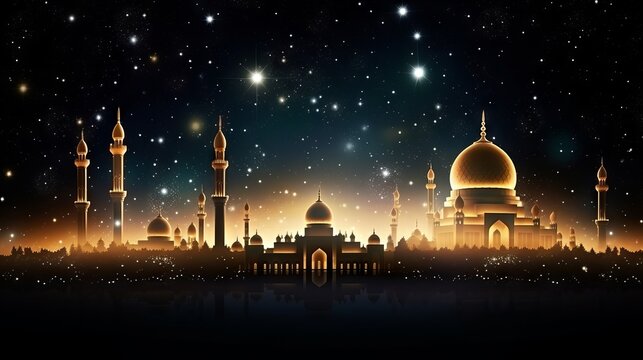 Dazzling ramadan kareem: mesmerizing mosque silhouette amidst gilded glitter and radiant stars

