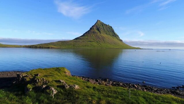 4K Aerial movie of Mountian Kirkjufell in Summer of Iceland.