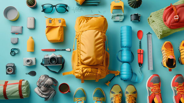Colorful camping gear knolling layout on blue background