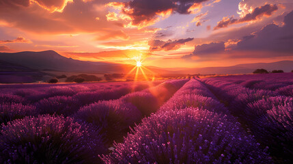 Lavender field with picturesque sunset