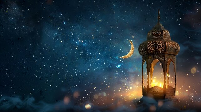Radiant ramadan: ornate lantern and crescent moon amidst starlit sky, celebrating ramadan kareem
