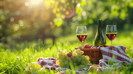 Picnic setup with fruits and wine in meadow