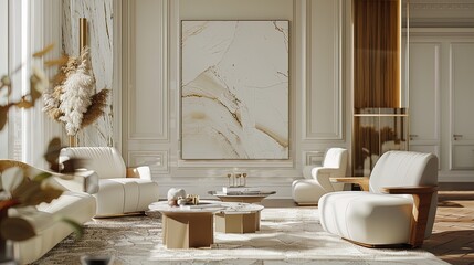 Luxurious marble wall with a sleek armchair adding a dash of color to the sophisticated space.