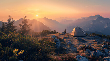 Sunset view from mountain top with camping tent - obrazy, fototapety, plakaty