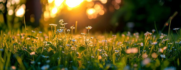 Photograph of a daisy field at sunset. Spring