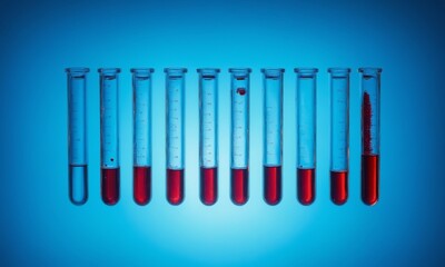 Test tubes with blood samples on a blue background. Medical background.