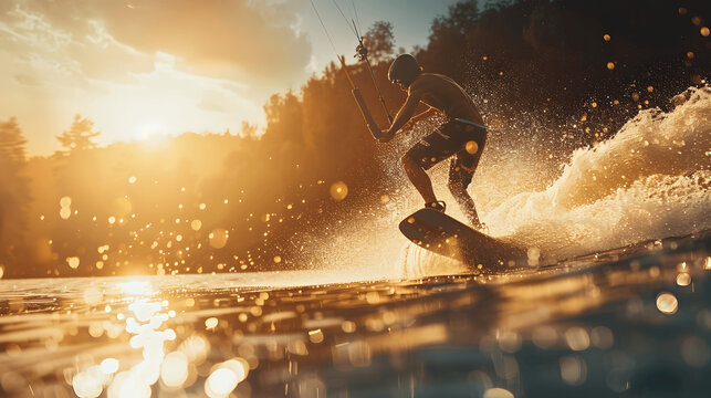 Wakeboarder on sunlit lake, close up action shot