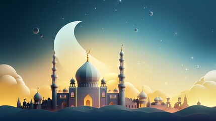 Vibrant ramadan kareem scene: majestic mosque amidst clouds, cultural and religious celebration

