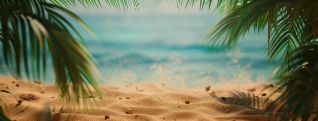 Fototapeta na wymiar Serene Tropical Beach View Through Palm Leaves