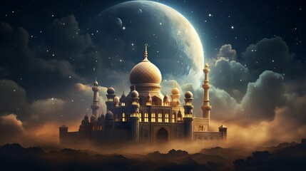 Vibrant ramadan kareem scene: majestic mosque amidst clouds, cultural and religious celebration

 - obrazy, fototapety, plakaty