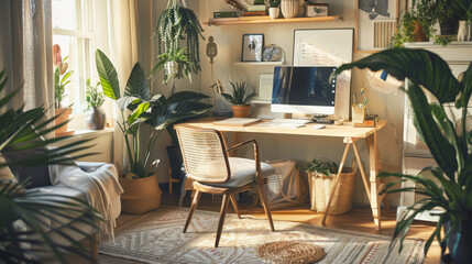 Modern Home Office with Plants, Natural Light from Window, Contemporary Desk and Chair, Comfortable Workspace with Greenery