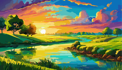 Landscape on summer with trees and river in the sunset
