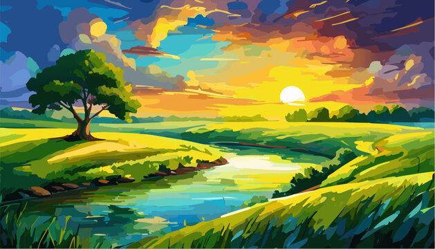 Landscape on summer with trees and river in the sunset