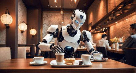 Futuristic humanoid robot at coffee house with coffee cups. Artificial intelligence, robotics concept - Powered by Adobe