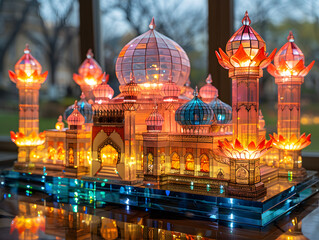 Illuminated miniature model of mosque with colorful lights and intricate details, reflecting on a glossy surface with a blurred background.