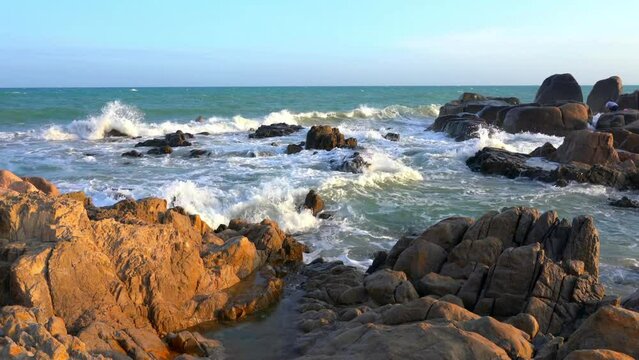 4K Movie of Seascape of Vietnam Strange rocks and moss at Co Thach beach, Tuy Phong, Binh Thuan province, Vietnam.