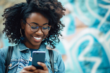 an afro-american young woman looks at her cell phone, smiling and happy. colorful, urban background