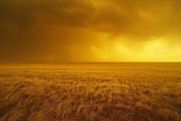 Obraz premium After the violent storm, the sky transformed into a breathtaking canvas of yellow, with shades ranging from rich mustard to soft pastels, marking a rare and stunning atmospheric spectacle.