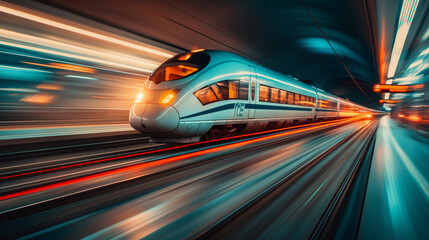 Speed train overtaking, utilizing rear curtain sync for a dynamic motion effect. - obrazy, fototapety, plakaty