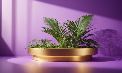 Unoccupied podium for product display with plants and shadows on purple background