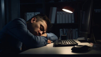 Tired businessman sleeping at his working place office with head on the desk near monitor of...