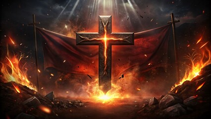 Jesus Christ cross with burning fire and smoke on the background - obrazy, fototapety, plakaty