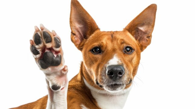 Friendly smart basenji dog giving his paw close up isolated on white