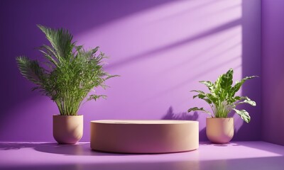 3D rendering of a podium with potted plants on a purple background