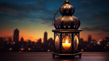 Vibrant ramadan kareem greeting image featuring exquisite arabic lantern, symbolizing culture and...